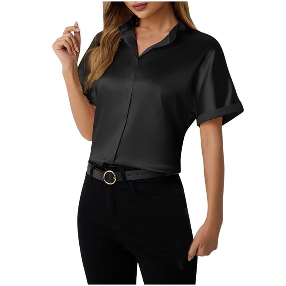 Olyvenn Fashion Satin Blouses for Women Button Down Silk Shirts Batwing Sleeve Top Elegant Summer Office Work Shirt Black L