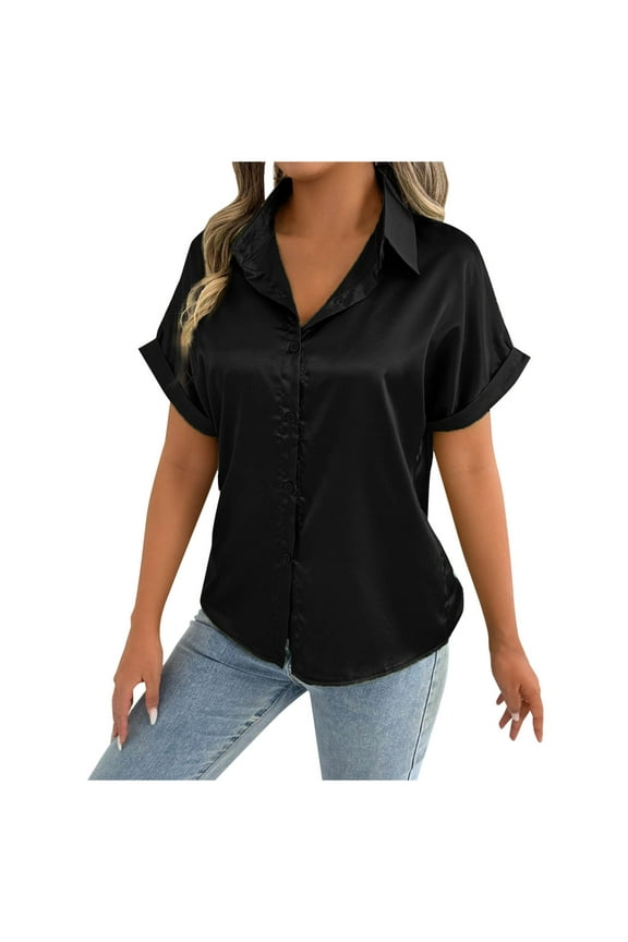 Fashion Satin Silk Button Down Shirts Women's Dress Shirts Collared Roll Up Short Sleeve Blouse Ladies Summer Office Work Tops Black L