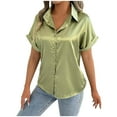thumbnail image 1 of Olyvenn Fashion Satin Silk Button Down Shirts Women's Dress Shirts Collared Roll Up Short Sleeve Blouse Ladies Summer Office Work Tops Mint Green L, 1 of 6