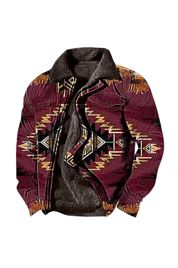 Fashion Sherpa Jacket Men Lapel Aztec Ethnic Winter Coats Heavyweight Ethnic Print Fleece Sherpa Lined Warm Jacket Coat Wine 8