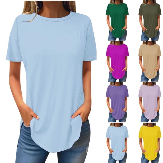 Olyvenn Fashion Summer Tops for Women Short Sleeve Solid Color Tunic Tee Shirts Loose Fit Crew Neck Casual Basic Blouses Green 8