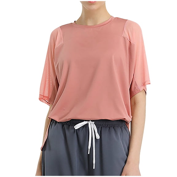 Olyvenn Fashion Summer Women Loose Yoga Shirts Mesh Short Sleeve T-Shirt Forked Running Sport Shirt Oversized Gym Workout Tees Top Blouse Fem Pink 6