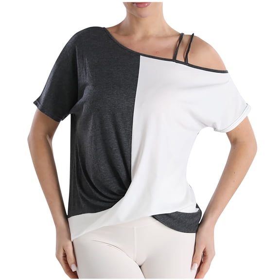Olyvenn Fashion T Shirts for Women Twist Knot Color Block Loose Fit Cold Shoulder Tops for Women Fashion Loose Wrap Cute Going Out Tunic Shirts Gray 6
