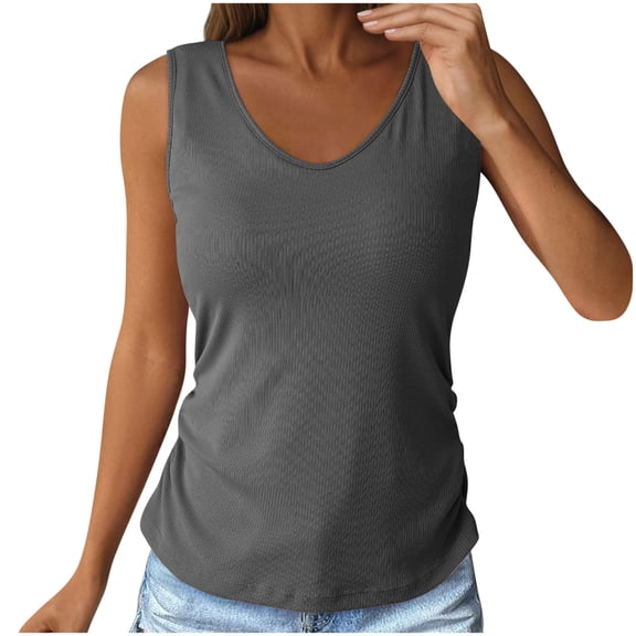 Olyvenn Fashion Tank Top with Built in Bra for Women Casual Summer Sleeveless Tops Slim Fitted V Neck Ruched Cami Shirts Gray XL
