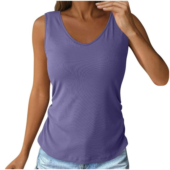 Olyvenn Fashion Tank Top with Built in Bra for Women Casual Summer Sleeveless Tops Slim Fitted V Neck Ruched Cami Shirts Purple M