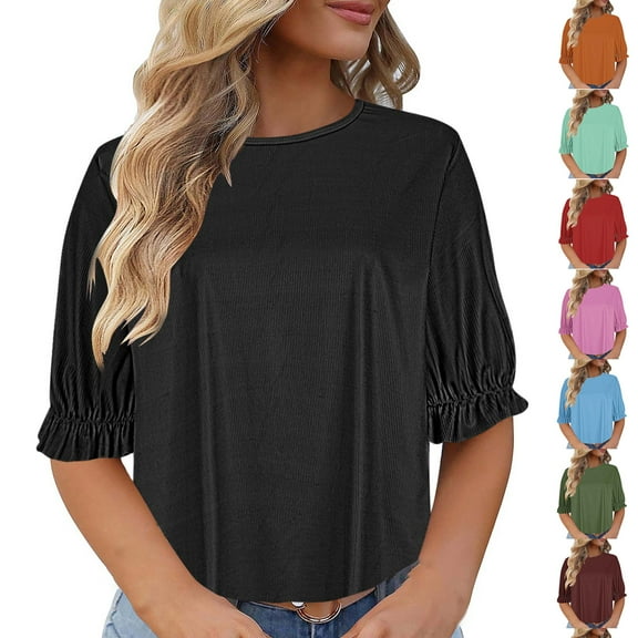 Olyvenn Fashion Teen Girls Cropped Tops Loose Fit Y2K Short T-Shirt Puff Sleeve Summer Casual Tee Top Women Cute Blouses Trendy Black 10