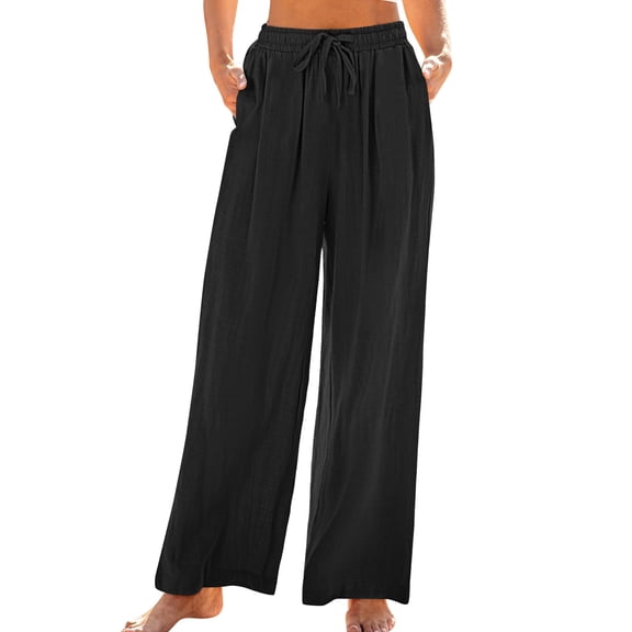 Olyvenn Fashion Wide Leg Pants Woman Linen High Waisted Pull On Flowy Casual Baggy Drawstring Palazzo Trousers Pants Resort Wear Black L