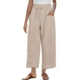 thumbnail image 1 of Olyvenn Fashion Women Basic Cotton Linen Wide Leg Pants Summer Casual Loose Fit Vacation Trousers Elastic High Waist Lounge Pant with Pockets Beige M, 1 of 7