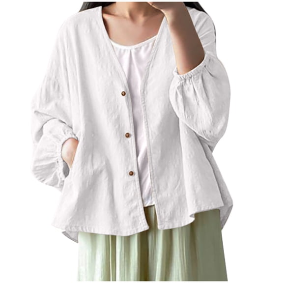 Olyvenn Fashion Women Cotton Linen Shirt Jackets Summer Button Down Lantern Long Sleeve Shacket Jacket Casual Loose Fit Lightweight Blouses White XXXL