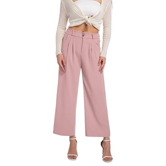 Olyvenn Fashion Women Dress Pants High Waisted Wide Leg Pants Business Casual Flowy Loose Palazzo Trousers with Pockets Pink S