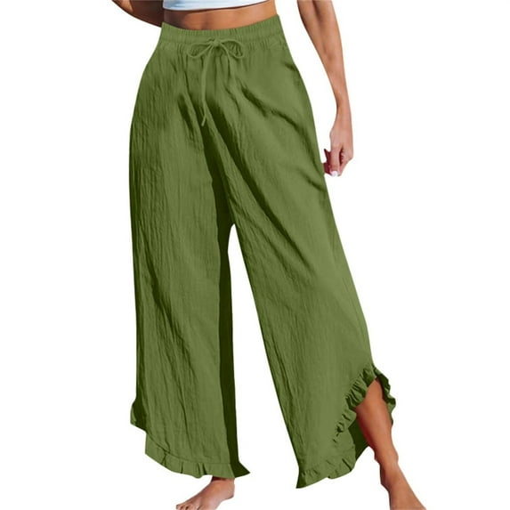 Olyvenn Fashion Women Linen Pants Summer Wide Leg Beach Capris Lightweight High Waist Ruffle Flowy Palazzo Pant Boho Casual Trousers Green XXL