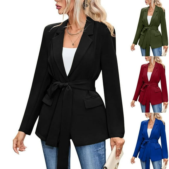 Olyvenn Fashion Women Open Front Blazers Long Sleeve Casual Belted OL Office Slim Buttonless Suit Jacket with Pockets Black 14