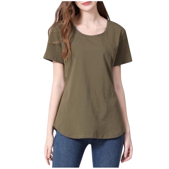 Olyvenn Fashion Women Short Sleeve Nursing Shirts Soft Maternity Tops Double Layer Breastfeeding Blouse Round Neck Pregnancy Clothes Army Green 6