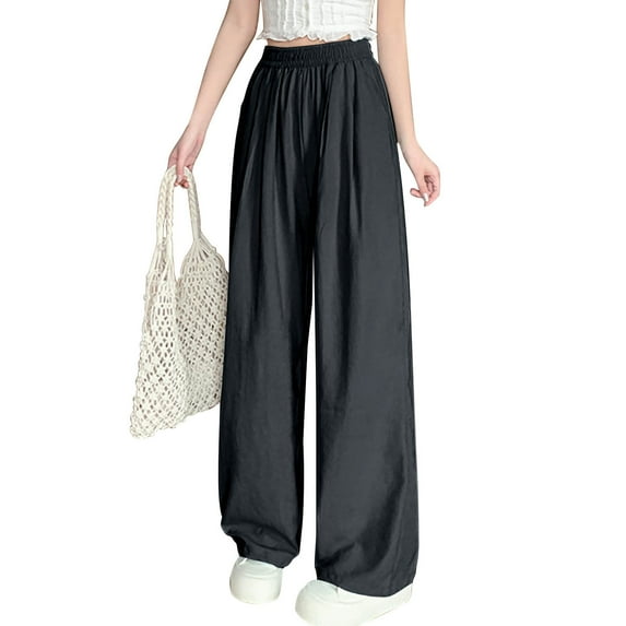 Olyvenn Fashion Women Sweet Silk Pants Baggy All-Match Elastic Waist Straight Leg Wide Leg Trousers Fall Thin Casual Comfy Long Pants Black S