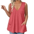 thumbnail image 1 of Olyvenn Fashion Women V Neck Tank Tops with Pockets Plus Size Summer Loose Casual Basic Solid Color Sleeveless Shirts Tunic Tops Watermelon Red XXXL, 1 of 6