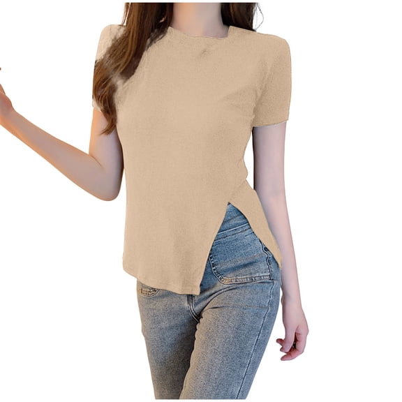 Olyvenn Fashion Women's Asymmetrical Split Hem T Shirt Short Sleeve Dressy Casual Tops Crewneck Ruched Side Tee Tops Khaki M