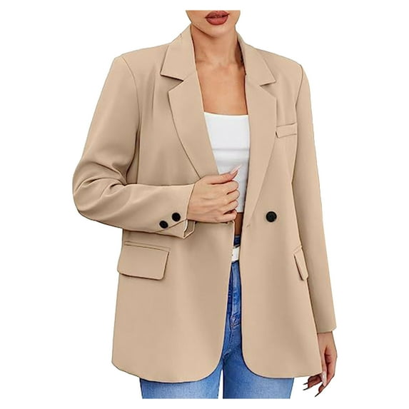 Olyvenn Fashion Women's Blazers Lapel Double Breasted Long Sleeve Work Office Blazer Suit Jacket Outwear Office Blazer Suit Jacket for Women Trendy Khaki 10