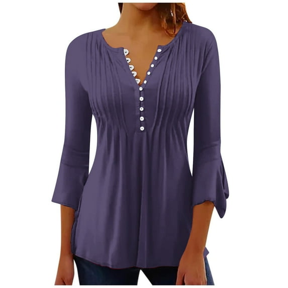 Olyvenn Fashion Women's Casual Long Sleeve Henley V-Neck Shirt Printed Pleated Tunics Or Tops to Wear with Leggings Purple 10