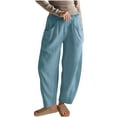 thumbnail image 1 of Olyvenn Fashion Women's Cotton Linen Harem Pants Work Casual Elastic Waist Pants with Pockets Lightweight Summer Beach Palazzo Sky Blue M, 1 of 6
