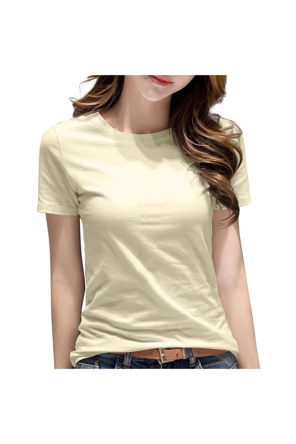Fashion Women's Cotton Short Sleeve Shirts UPF 50+ Soft Breathable Crew Neck T-Shirts Summer Fashion Solid Basic Tops Beige L