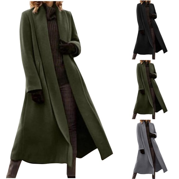 Olyvenn Fashion Women's Elegant Shawl Collar Open Front Wool Coat Formal Work Mid Long Winter Pea Coat Long Windbreaker Trench Coat Army Green 14