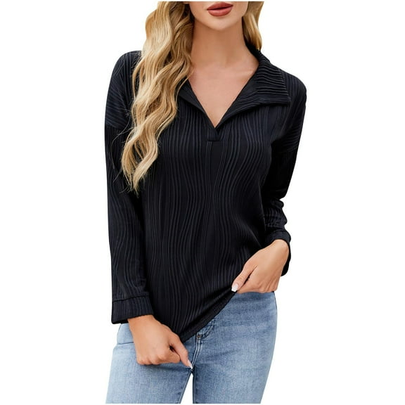 Olyvenn Fashion Women's Lapel V Neck Long Sleeve Shirts Fashion Blouse Textured Dressy Casual Pullover Sweater Tops Black S