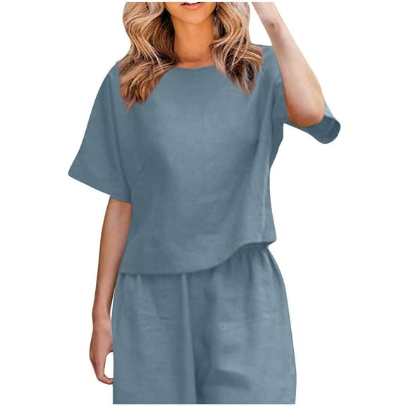 Olyvenn Fashion Women's Linen Shirts Plus Size Short Sleeve Cotton Blouses Casual Loose Crew Neck Solid Boxy Tunics Top Light Blue 8