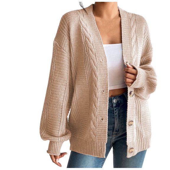 Olyvenn Fashion Women's Long Sleeve Chunky Cable Knitted Cardigan Sweater Coat with Pockets Knitted Cardigan Sweater for Women Trendy Beige 6