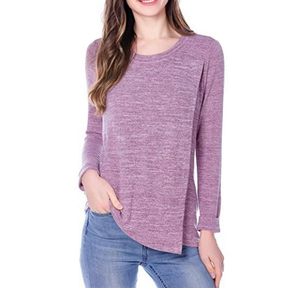 Olyvenn Fashion Women's Maternity Nursing Tops Solid Crew Neck Long Sleeve Tunic Blouse Casual Loose Fit Comfy Breastfeeding Blouse Purple 4
