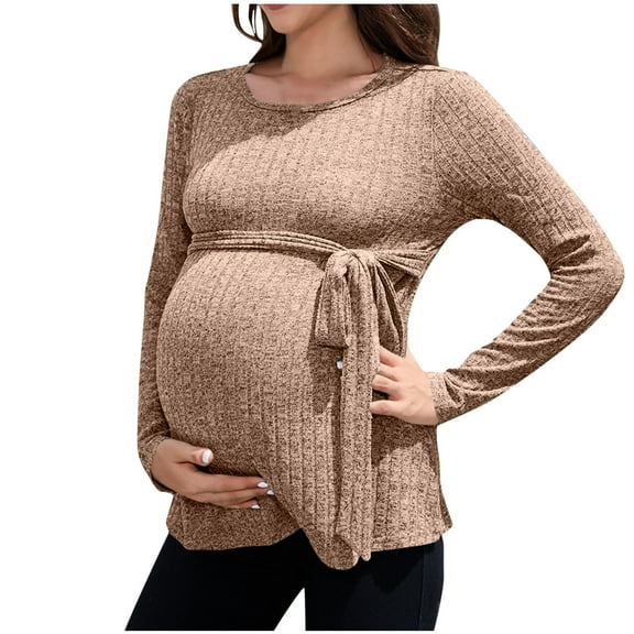 Olyvenn Fashion Women's Maternity Shirts Casual Long Sleeve Tie Front Ribbed Knit Pregnancy Tee Top Loungewear Loose Pregnant Blouses Khaki 12