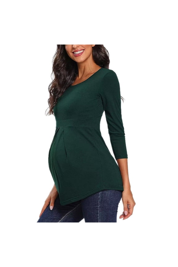 Fashion Women's Maternity Tops 3/4 Sleeve Round Neck Front Pleat Peplum Tunic Top Pregnancy Shirts Loungewear Loose Blouse Green 12