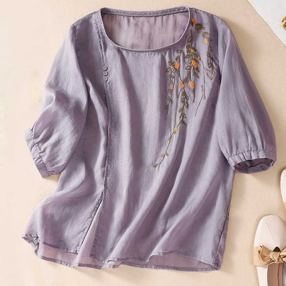 Olyvenn Fashion Women's Peasant Tops Summer Mexican Embroidered Shirts Loose Cotton Linen Short Sleeve Blouses Trendy Tees Purple XXL