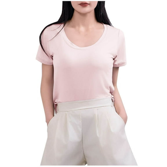 Olyvenn Fashion Women's Short Sleeve Cotton Scoop Neck Tee Summer Casual Solid T-Shirt Comfyable Breathable Modal Tops Pink XL