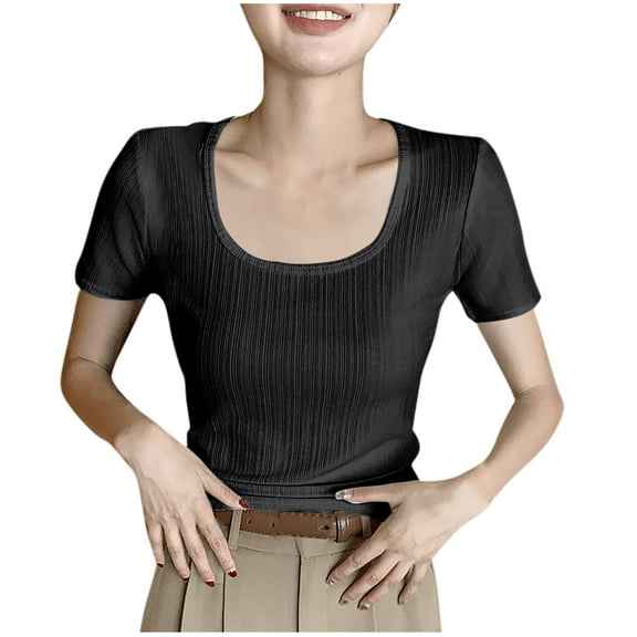 Olyvenn Fashion Women's Short Sleeve Scoop Neck T-Shirt Slim Fit Ribbed Knit Casual Tops Summer Basic Fitted Blouse Black M