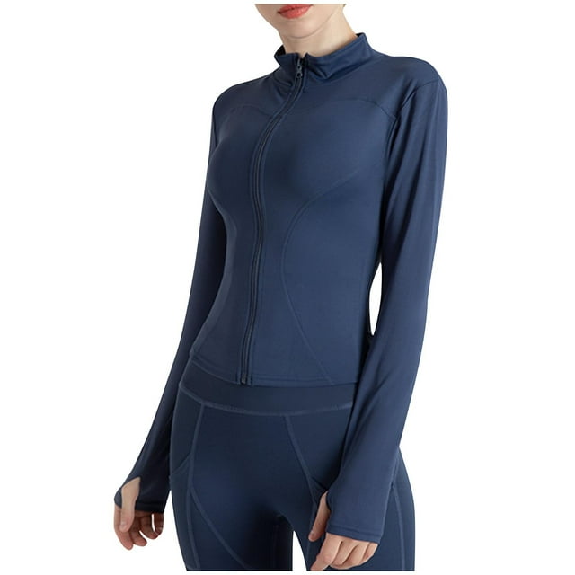 Olyvenn Savings Women's Slim Fit Lightweight Athletic Full Zip Stretchy Workout Running Track Jacket with Thumb Holes Tops Dark Blue 14