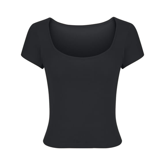 Olyvenn Fashion Women's Soft Crop Tops T-Shirts Solid Color Short Sleeves Shirts Scoop Neck Casual Cute Slim Fit Yoga Blouses Tees Black 8