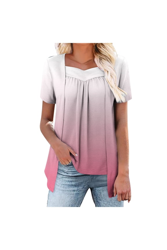Fashion Women's Summer Top Short Sleeve Tunic Plus Size Ladies Shirts Gradient Blouses Loose Fit Flowy Tops for Leggings Pink M