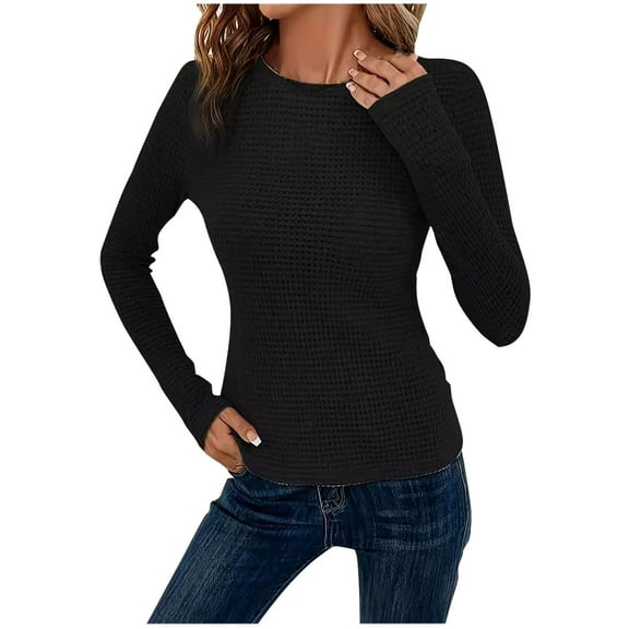 Olyvenn Fashion Women's Waffle Knit Tops Long Sleeve Shirts Slim Fitted Pullover Crewneck Shirt Fashion Spring Fall Tops Slim Y2k Sweater Top Black 12