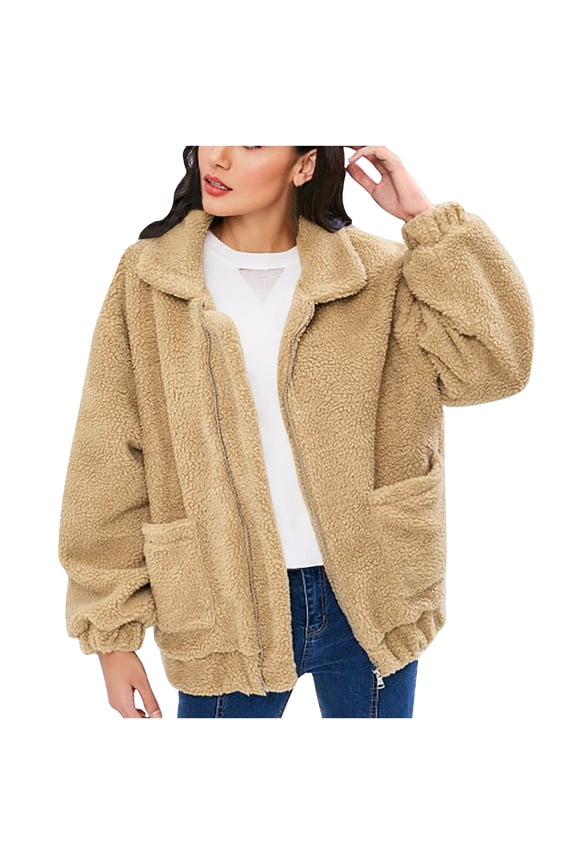 Fashion Women's Winter Warm Faux Fur Fleece Zip Up Oversized Crop Jacket Coat with Pockets Faux Fur Fleece Coat for Women Trendy Khaki 4