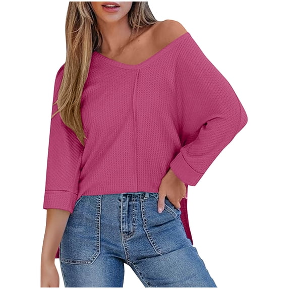 Olyvenn Fashion Womens 3/4 Length Sleeve Waffle Knit Tops Casual Summer Trendy Off The Shoulder T Shirts Loose Fit V Neck Tunic Tops Hot Pink XXL