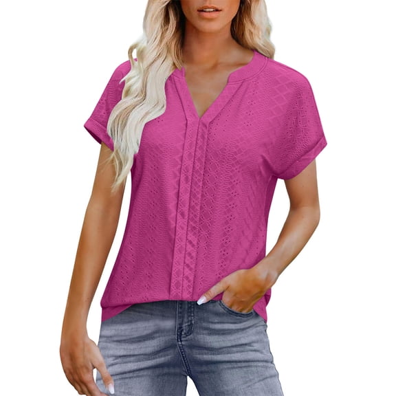 Olyvenn Fashion Womens Casual Eyelet V Neck Short Sleeve Loose Fit Tee Shirts Tunic Shirts Dressy Blouses Business Work T Shirt Hot Pink S