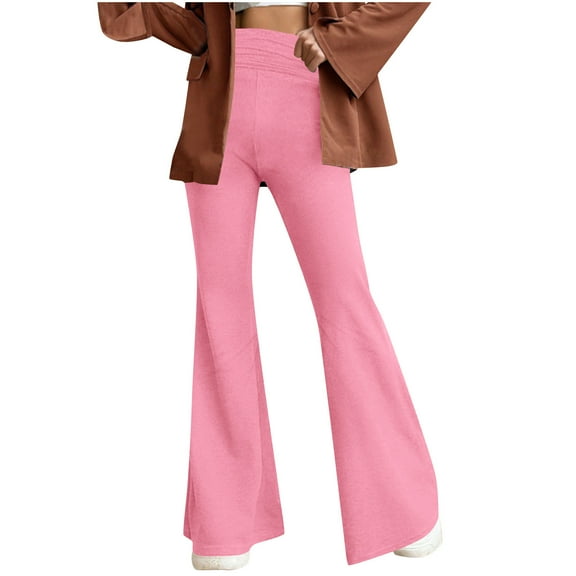 Olyvenn Fashion Womens Casual Flare Wide Leg Pants Fashion Ruched Stretchy High Waist Palazzo Lounge Pants Bell Bottom Yoga Trousers Hot Pink M