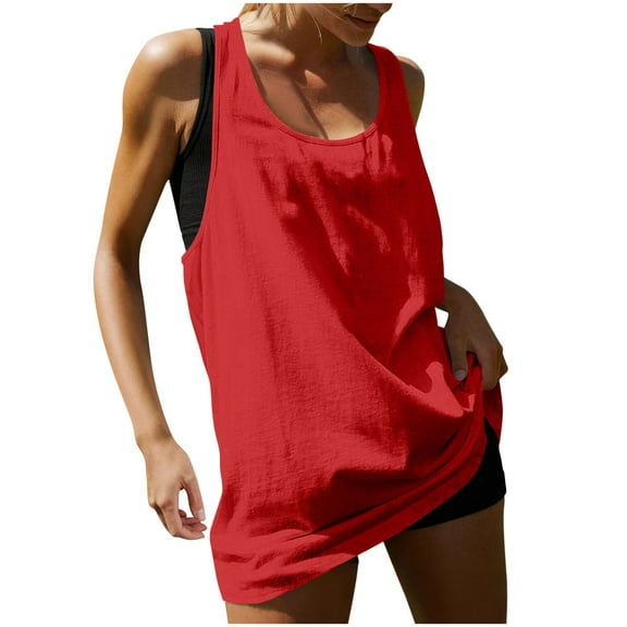 Olyvenn Fashion Womens Cotton Workout Tank Tops Racerback Sleeveless Relaxed-Fit Oversized Shirts Summer Fashion Sports Tops Red XL