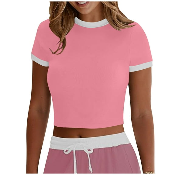 Olyvenn Fashion Womens Crop T Shirts Short Sleeves Crewneck Tops Fashion Color Block Slim Comfy Tees Fitness Basic Tee Shirts Pink XL
