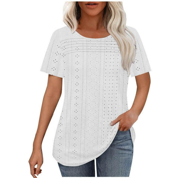 Olyvenn Fashion Womens Dressy Blouses Short Sleeve Eyelet Embroidery Tunic Tops Summer Pleated Loose Fit T Shirts Solid Basic Tees White XXL