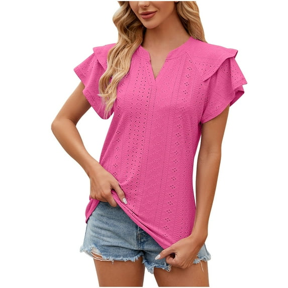 Olyvenn Fashion Womens Dressy Casual Eyelet Tops Ruffle Short Sleeve V Neck Shirts Elegant Business Work Blouse Fashion Clothes Hot Pink 6