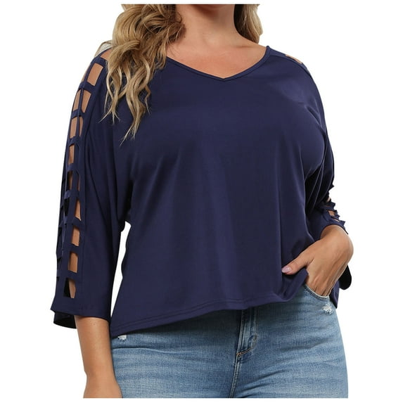 Olyvenn Fashion Womens Dressy Plus Size Tops Hollow Out Mesh Short Sleeves Shirts Loose Fit Solid Color Summer Fashion Blouses Blue 10