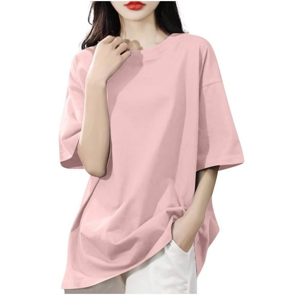 Olyvenn Fashion Womens Fashion Dropped Shoulder Loose T-Shirt Oversized Casual Summer Short Sleeve Tops Stylish Sports Tees Pink L