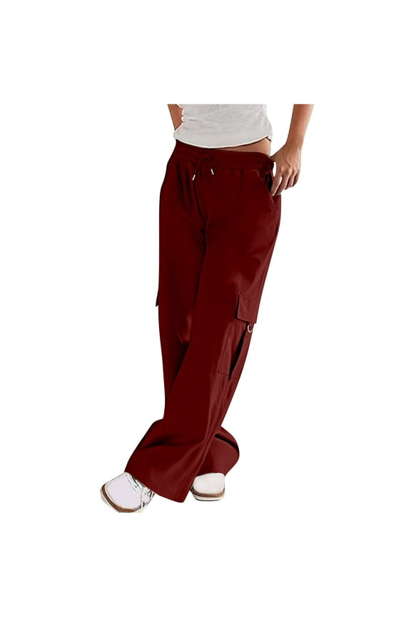Fashion Womens High Waist Cargo Pants Casual Wide Straight Leg Baggy Pants Drawstring Elastic Waist Trousers with Pockets Wine S