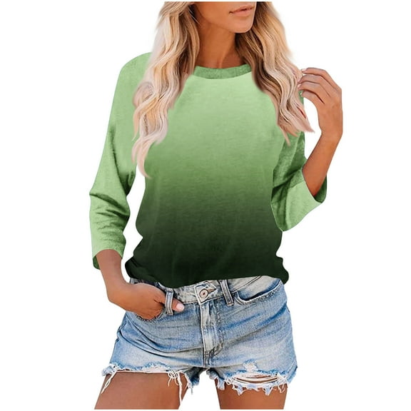 Olyvenn Fashion Womens Juniors Tops Summer 3/4 Sleeves Dressy Casual Gradient Color Shirts Elegant Floral Shirts Dressy Blouse Tunic Tees Multicolor S